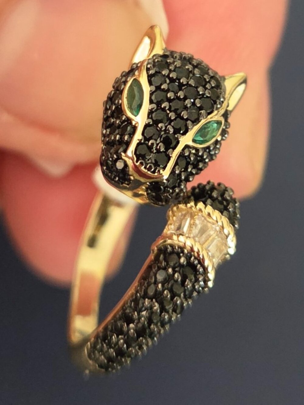 Panther Adjustable Ring Rhinestones Bling Sz 6 Black Green